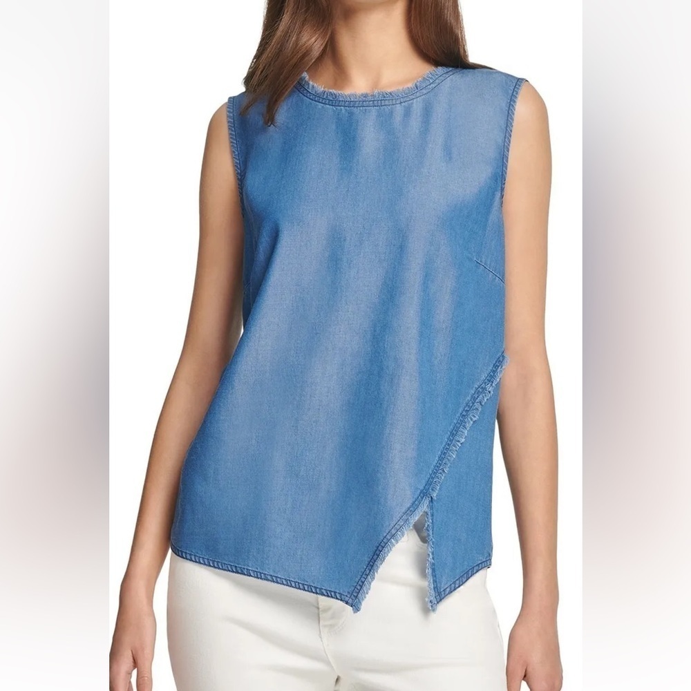 NWT Asymmetrical Fringe Denim Sleeveless Blouse M